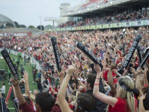 Full, cheering crowd at a football game.