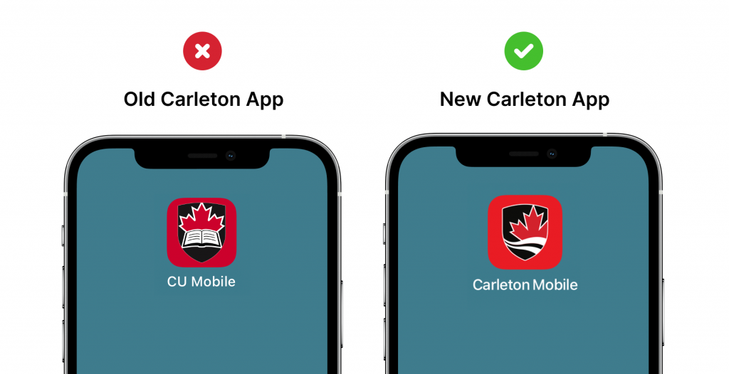 A graphic with the mobile icons for the old and new Carleton mobile apps