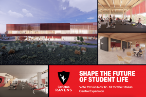 Various images of renderings of the possible athletics fitness center expansion. Text says shape the future of student life. Vote yes on November 12 to 13 for the Fitness Centre Expansion.