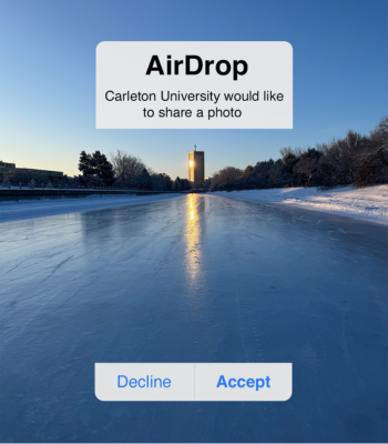 The Rideau Canal Skateway stretching to Carleton University with Dunton Tower in the distance. There is an AirDrop symbol with an 'accept' and 'decline' text over the image.