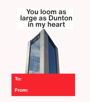 A Valentine's Day card with a photo of Dunton Tower.