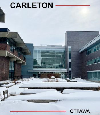A "postcard" from Carleton with a photo of Nideyinan next to Architecture Building, with snow covering the foreground.