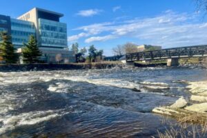 A view of Richcraft Hall across the Rideau River with the Pedestrian Bridge in the background.