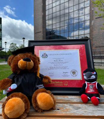 Rodney the Raven and a Grad bear plush toys with a Carleton diploma.