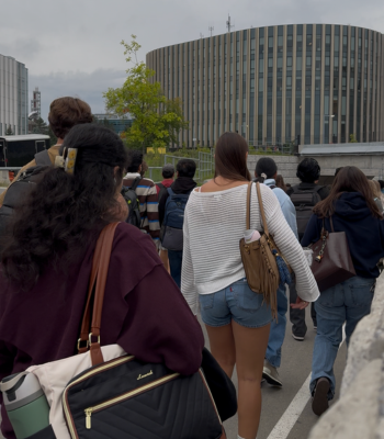 Students walking towards the campus.