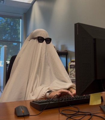 A person in a ghost costume with sunglasses typing on a computer keyboard.